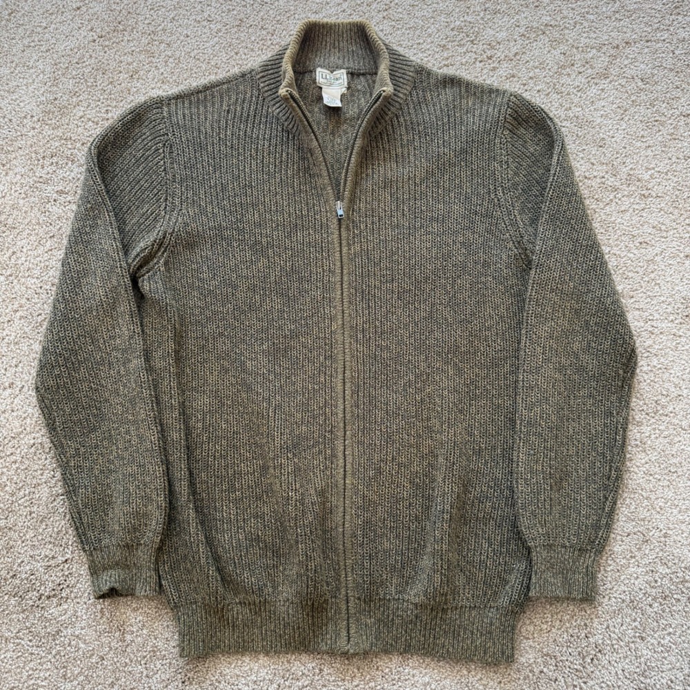 LL Bean Full Zip Sweater Men L-Tall Olive Green Cotton Shaker Stitch Cardigan